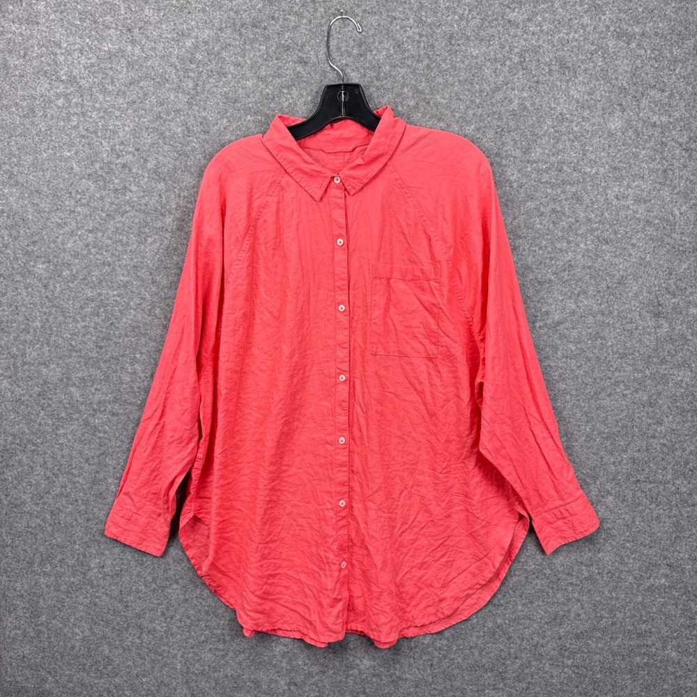 Aerie Womens Medium Coral Linen Blend Button Down Oversized Shirt Long‎ Sleeve